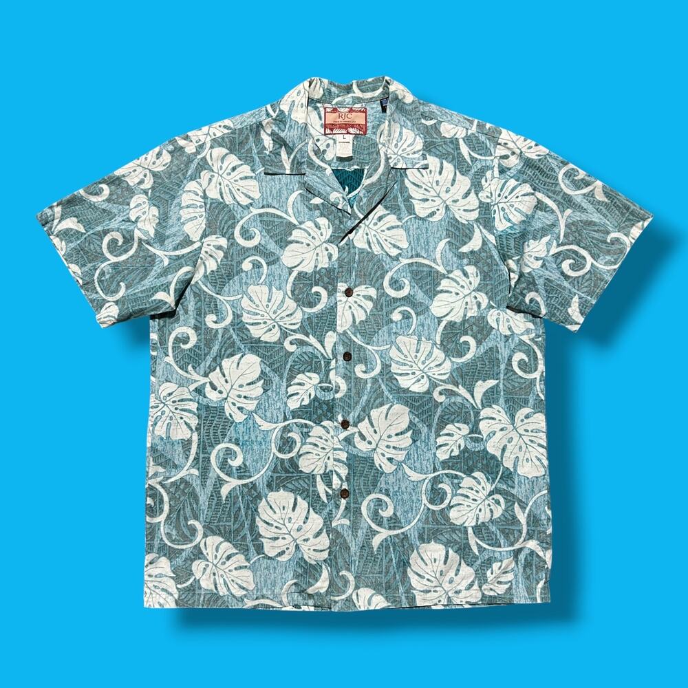Vintage Hawaiian Shirt Monstera Leaf Aloha Print Camp Collar 90s Mens Large Blue